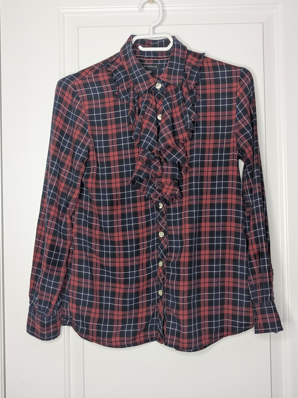 Banana Republic Red and Navy Plaid Ruffle Button-Down Shirt